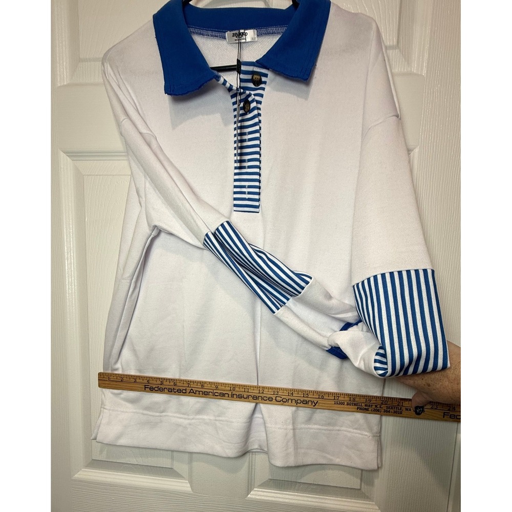 Zeagoo Womens White Blue Striped Long Sleeve Polo Sweatshirt Pullover Top NEW - Picture 2 of 4